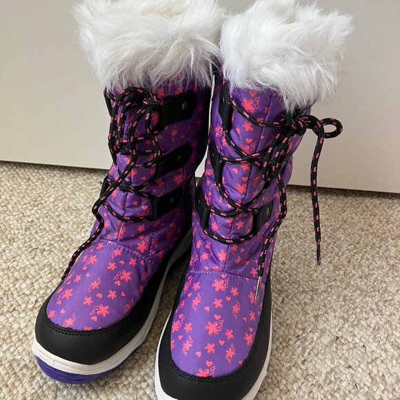 Dream pairs Purple Pink Flowers White Fur Cold Weather Winter Snow Boots Girls 4 - Picture 2 of 9